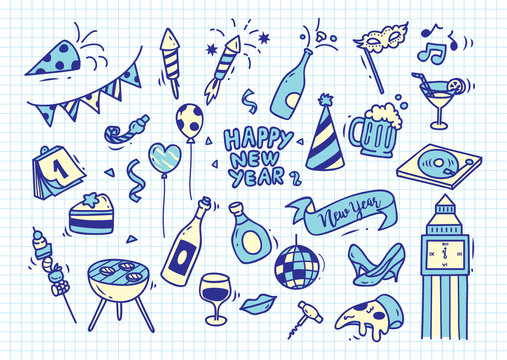Set of New Year doodle on paper background