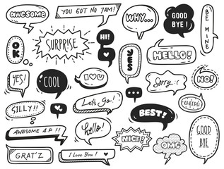 set of cute speech bubble with text in doodle style