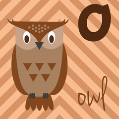 Cute cartoon zoo illustrated alphabet with funny animals: O for Owl. English alphabet. Learn to read. Isolated Vector illustration.
