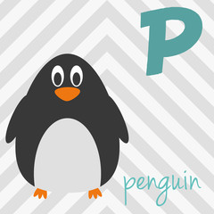 Cute cartoon zoo illustrated alphabet with funny animals: P for Penguin. English alphabet. Learn to read. Isolated Vector illustration.