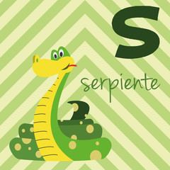 Cute cartoon zoo illustrated alphabet with funny animals. Spanish alphabet: S for Serpiente. Learn to read. Isolated Vector illustration.