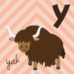 Cute cartoon zoo illustrated alphabet with funny animals. Spanish alphabet: Y for Yak. Learn to read. Isolated Vector illustration.