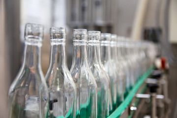 The bottles on the conveyor belt at the plant for bottling of al