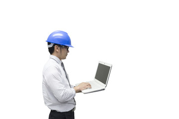 The isolate scene of engineer hold the laptop by the hand with the white background