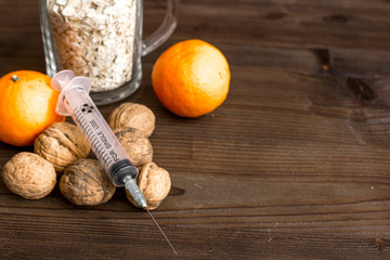 concept food allergies on wooden background