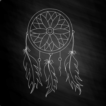 hand to draw a Dreamcatcher with beads and feathers of birds on the chalkboard