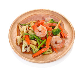 Vegetable stir-fry dishes with shrimps on white background
