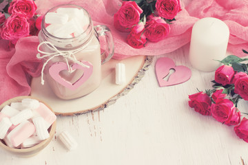 Valentine day background with roses, cocoa and marshmallow