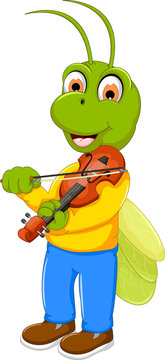 Funny Green Grasshopper Cartoon Playing Violin
