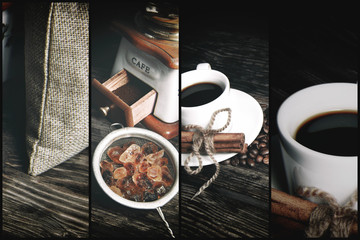 Cup of black coffee, fried coffee grains, coffee grinder and caramelized sugar