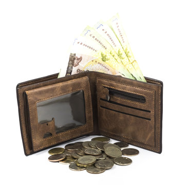 Bath bill in the brown wallet and coin on white background.