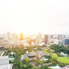 Naklejka premium Business and culture concept - panoramic modern city skyline bird eye aerial view with zojo-ji temple shrine from tokyo tower under dramatic sunrise and morning blue sky in Tokyo, Japan