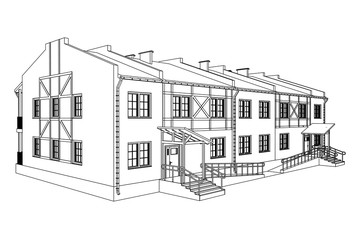 Building perspective 3D. House decorated in style half-timbered framework. Outlines cottage on white background. House 3D model perspective vector. Cottage blueprint. EPS 10. 