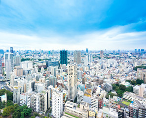 Fototapeta na wymiar Business and culture concept - panoramic modern city skyline bird eye aerial view from tokyo tower under dramatic sunny and morning blue cloudy sky in Tokyo, Japan
