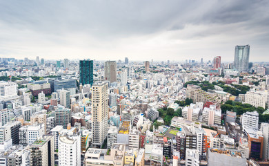 Fototapeta na wymiar Business and culture concept - panoramic modern city skyline bird eye aerial view from tokyo tower under dramatic grey cloudy sky in Tokyo, Japan