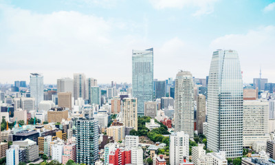 Obraz premium Business and culture concept - panoramic modern city skyline bird eye aerial view from tokyo tower under dramatic morning blue cloudy sky in Tokyo, Japan