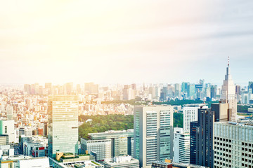 Fototapeta premium Asia Business concept for real estate and corporate construction - panoramic modern cityscape building bird eye aerial view under sunrise and morning blue bright sky in Tokyo, Japan