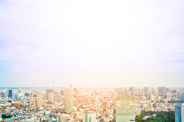 Fototapeta na wymiar Asia Business concept for real estate and corporate construction - panoramic modern cityscape building bird eye aerial view of skytree under sunrise and morning blue bright sky in Tokyo, Japan
