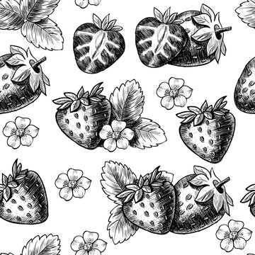 Juicy strawberries. Vector seamless pattern. Vintage style