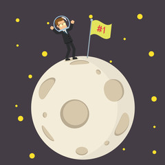 businessman putting first flag at the moon