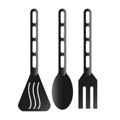 Kitchenware isolated on white background. Shovel, spoon, fork.