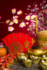 Fototapeta premium Chinese new year festival decorations, ang pow or red packet and