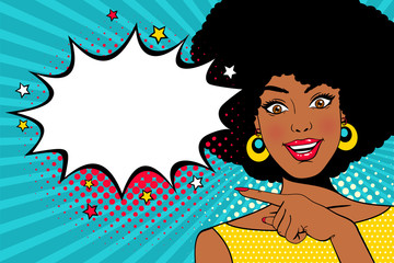 Wow female face. Young sexy surprised african american woman with open smile and hand pointing on empty speech bubble. Vector colorful background in pop art retro comic style. Party invitation poster. - obrazy, fototapety, plakaty
