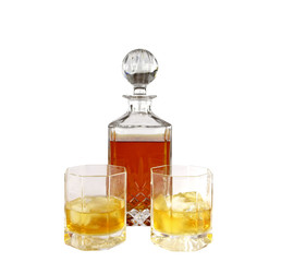 Crystal decanter with whiskey and glasses
