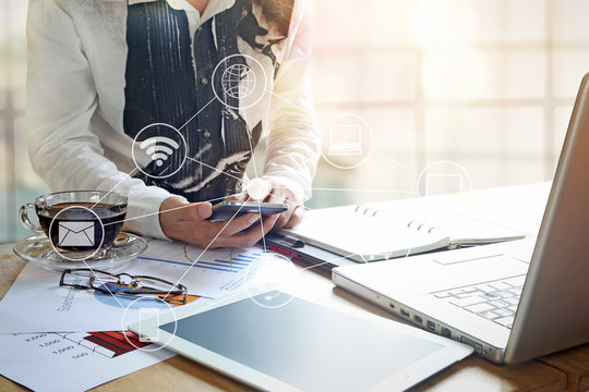 Man using mobile payments online shopping and icon customer network connection on screen. m-banking and omni channel concept
