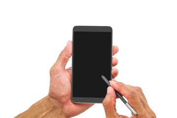 Man's hand holding mobile phone on white background