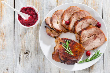 slices of delicious barbecue in oven turkey roulade