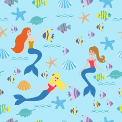 Seamless background with mermaids, fish