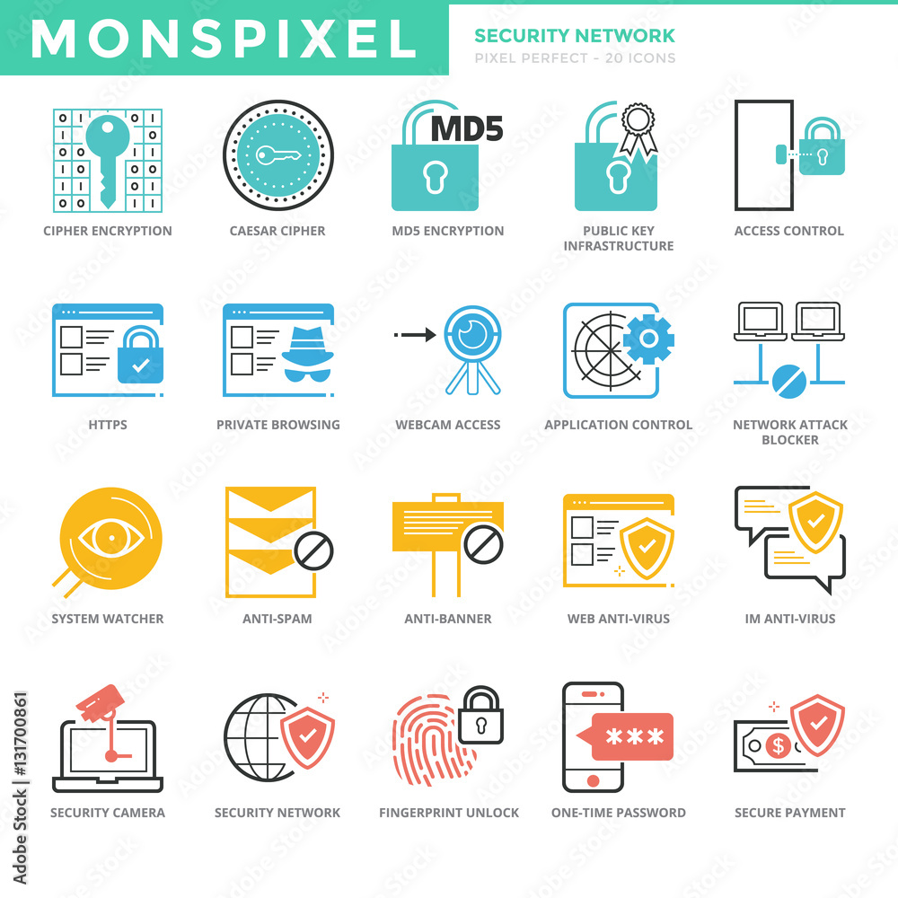 Poster flat thin line icons set of security network. pixel perfect icon