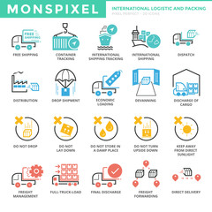 Flat thin line Icons set of International Logistic and Packing.