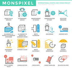Flat thin line Icons set of International Logistic and Ocean Fre