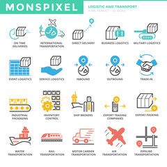 Flat thin line Icons set of Logistic and Transport. Pixel Perfec