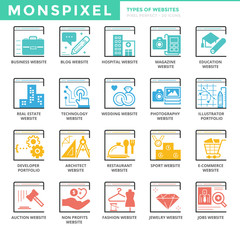 Flat thin line Icons set of Types Of Websites. Pixel Perfect Ico