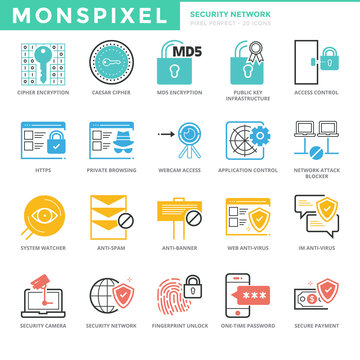Flat thin line Icons set of Security Network. Pixel Perfect Icon