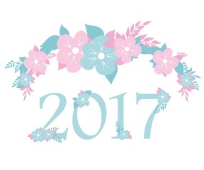 Fototapeta na wymiar Vector numbers 2017 with blue and pink flowers