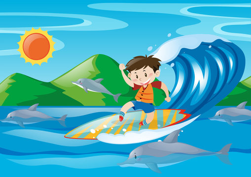 Boy surfing on the giant wave