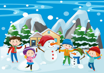 Naklejka premium Many children and snowman in the field
