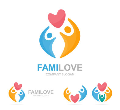 Vector heart and people logo combination. Cardiology and family symbol or icon. Unique union, embrace, connect, team and community logotype design template.