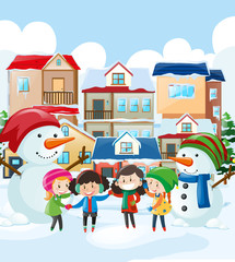 Naklejka premium Children and snowman in the village