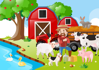 Obraz na płótnie Canvas Farm scene with farmer and animals by the river