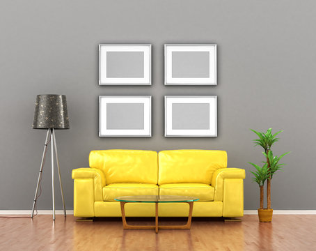 blank pictures on the gray wall weigh over the yellow sofa. 3D i