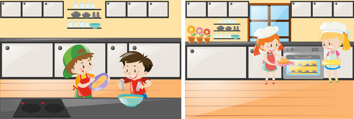 Kitchen scenes with kids cooking and baking