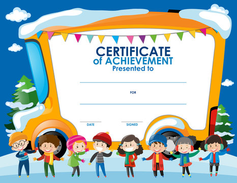 Certificate template with children in winter