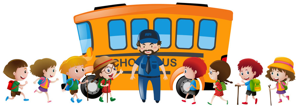 Children and bus driver standing by the schoolbus