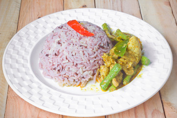 Spicy pork curry and rice, Thai food.