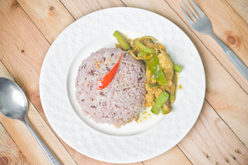 Spicy pork curry and rice, Thai food.